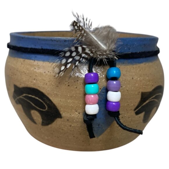 Southwestern Handmade Bear Pottery Bowl Planter with Beads & Feathers - Picture 2 of 8